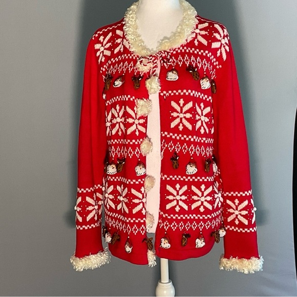 Just B Lg Cutest “Ugly Christmas Sweater”, Felt/Beaded Stuffed Reindeer, Santas - Picture 1 of 16